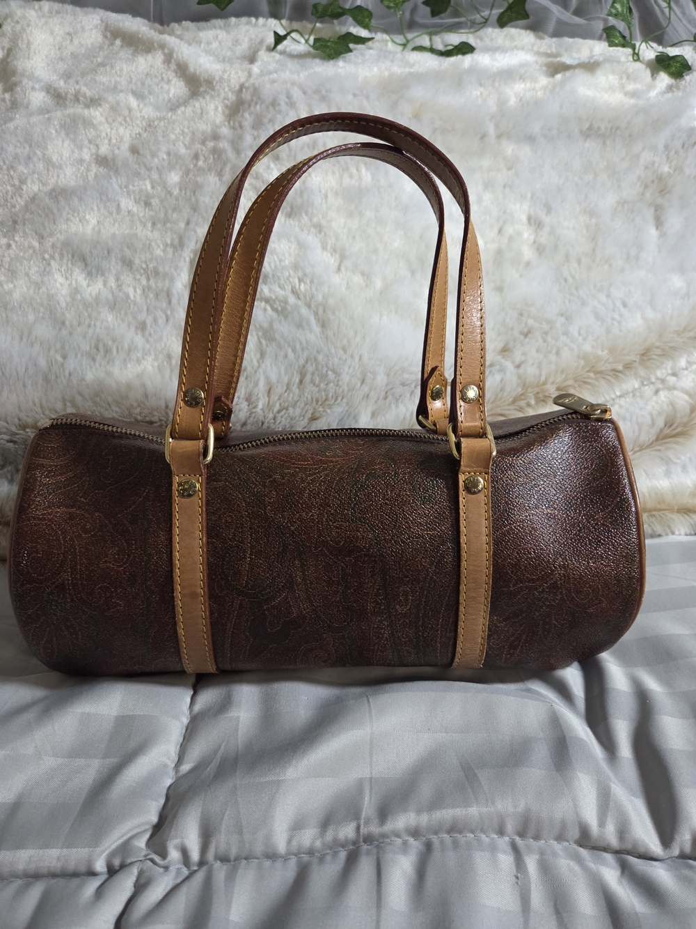 Etro Milano Paisley Print Brown Leather Barrel Bag